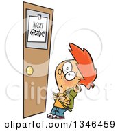 Poster, Art Print Of Cartoon Red Haired Caucasian School Boy Looking Up At A Next Grade Door