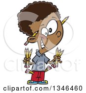 Poster, Art Print Of Cartoon Black School Boy Armed With Pencils