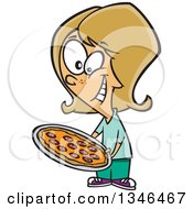 Cartoon Dirty Blond Caucasian Girl Holding A Pizza