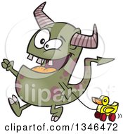 Clipart Of A Cartoon Monster Pulling A Duck Toy Royalty Free Vector Illustration