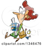Clipart Of A Cartoon Happy Caucasian Female Teacher Carrying Supplies And Walking Royalty Free Vector Illustration