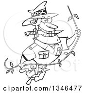 Lineart Clipart Of A Cartoon Black And White Male Adventurer Explorer Swinging On A Vine Biting A Knife In His Teeth Royalty Free Outline Vector Illustration