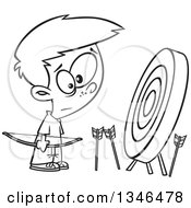Lineart Clipart Of A Cartoon Black And White Archery Boy With Many Missed Arrows Around A Target Royalty Free Outline Vector Illustration by toonaday