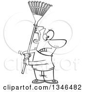 Cartoon Black And White Man Ready To Fight With A Rake