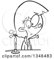 Lineart Clipart Of A Cartoon Black And White School Girl Watching A Burner For A Science Experiment Royalty Free Outline Vector Illustration