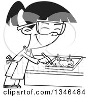 Lineart Clipart Of A Cartoon Black And White Asian School Girl Dissecting A Frog In Class Royalty Free Outline Vector Illustration