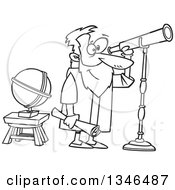 Poster, Art Print Of Cartoon Black And White Man Gallileo Looking Through A Telescope