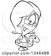 Lineart Clipart Of A Cartoon Black And White Happy Girl Wearing An Inner Tube Royalty Free Outline Vector Illustration by toonaday