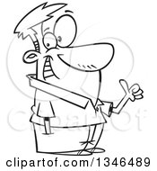 Lineart Clipart Of A Cartoon Black And White Left Handed Man Giving A Thumb Up Royalty Free Outline Vector Illustration