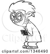 Lineart Clipart Of A Cartoon Black And White Grinning Mad Scientist Boy Royalty Free Outline Vector Illustration