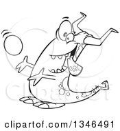 Lineart Clipart Of A Cartoon Black And White Monster Catching A Ball Royalty Free Outline Vector Illustration