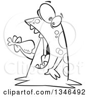 Lineart Clipart Of A Cartoon Black And White Monster Eating A Drumstick Royalty Free Outline Vector Illustration