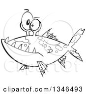 Lineart Clipart Of A Cartoon Black And White Monster Fish Royalty Free Outline Vector Illustration