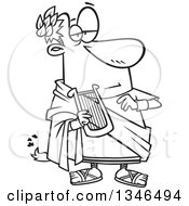 Lineart Clipart Of A Cartoon Black And White Nero Fiddling With A Lyre While Rome Burns Royalty Free Outline Vector Illustration by toonaday