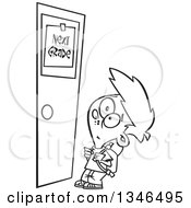 Lineart Clipart Of A Cartoon Black And White School Boy Looking Up At A Next Grade Door Royalty Free Outline Vector Illustration