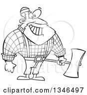 Lineart Clipart Of A Cartoon Black And White Paul Bunyan Lumberjack Holding An Axe Royalty Free Outline Vector Illustration by toonaday