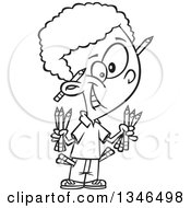 Lineart Clipart Of A Cartoon Black And White Black School Boy Armed With Pencils Royalty Free Outline Vector Illustration by toonaday