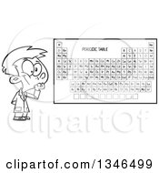 Cartoon Black And White School Boy Thinking By A Periodic Table