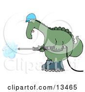 Big Green Dino In A Hard Hat And Boots Operating A Pressure Washer Clipart Illustration