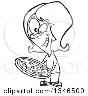 Lineart Clipart Of A Cartoon Black And White Girl Holding A Pizza Royalty Free Outline Vector Illustration by toonaday