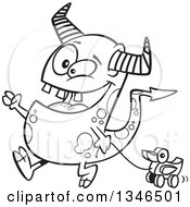 Lineart Clipart Of A Cartoon Black And White Monster Pulling A Duck Toy Royalty Free Outline Vector Illustration