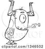 Lineart Clipart Of A Cartoon Black And White Monster Pushing A Button Royalty Free Outline Vector Illustration by toonaday