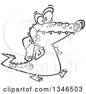 Lineart Clipart Of A Cartoon Black And White Student Alligator Walking With A Backpack Royalty Free Outline Vector Illustration by toonaday