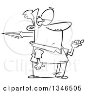 Cartoon Black And White Male Teacher Holding Chalk While A Paper Airplane Flies By From An Unruly Student
