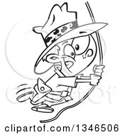 Lineart Clipart Of A Cartoon Black And White Explorer Adventurer Boy Swinging From A Rope Royalty Free Outline Vector Illustration