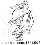 Poster, Art Print Of Cartoon Black And White Pirate Boy With A Sword And Parrot On His Head