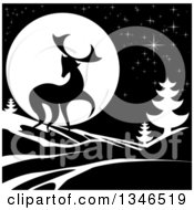 Poster, Art Print Of Black Silhouetted Buck With Evergreens Under A Full Moon At Night