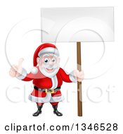 Poster, Art Print Of Cartoon Happy Christmas Santa Claus Holding A Blank Sign And Giving A Thumb Up 2