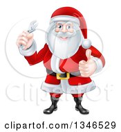 Clipart Of A Happy Christmas Santa Claus Holding An Adjustable Wrench And Giving A Thumb Up 2 Royalty Free Vector Illustration