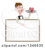 Poster, Art Print Of Cartoon Caucasian Male Waiter With A Curling Mustache Holding A Red Love Heart On A Tray And Pointing Down Over A Blank White Menu Sign