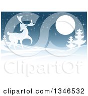 Poster, Art Print Of Buck Deer In A Hilly Winter Landscape Under A Full Moon At Night