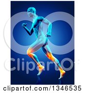 Poster, Art Print Of 3d Anatomical Man Running With Visible Muscles And Glowing Knee And Ankle Joints On Blue
