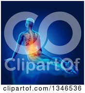 3d Anatomical Man Stretching On The Floor In A Yoga Pose With Visible Skeleton Muscles And Back Pain On Blue