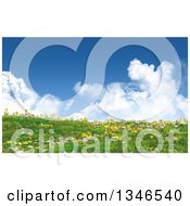 Poster, Art Print Of 3d Hill With Grass Buttercup And Daisy Flowers Against A Sky With Puffy Clouds