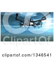 Poster, Art Print Of 3d Metal Quadcopter Drone Flying Over A Valley With A View Of Mountains