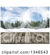Poster, Art Print Of 3d Close Up Of A Wooden Table Or Deck With A Blurred View Of A Winter Forest