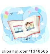 Clipart Of A Happy Brunette Caucasian Girl In A Window On A Flying Book With Birds And Balloons Royalty Free Vector Illustration