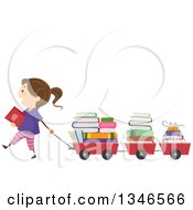 Happy Brunette Caucasian Girl Pulling Books In Wagons