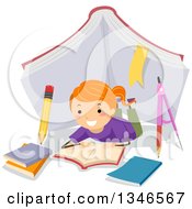 Poster, Art Print Of Happy Red Haired Caucasian Girl Laying On The Floor And Reading Under A Giant Book Tent