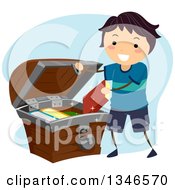 Poster, Art Print Of Happy Boy Putting Books In A Treasure Chest