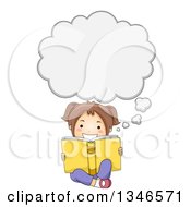 Clipart Of A Happy Brunette Caucasian Girl Sitting On The Floor Reading A Book And Thinking Royalty Free Vector Illustration