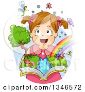 Poster, Art Print Of Happy Brunette Caucasian Girl Imagining Fairies And Rainbows And Holding An Open Book