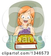 Poster, Art Print Of Happy Red Haired Caucasian Girl With A Glowing Magic Book