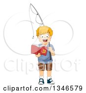 Happy Red Haired Caucasian Boy Holding A Fishing Pole And Reading A Book