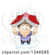 Clipart Of A Sad Brunette Caucasian Boy Caught In A Rain Storm Using A Book As Shelter Royalty Free Vector Illustration