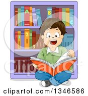 Poster, Art Print Of Happy Brunette Caucasian Boy Sitting On The Floor And Readint A Book In A Library